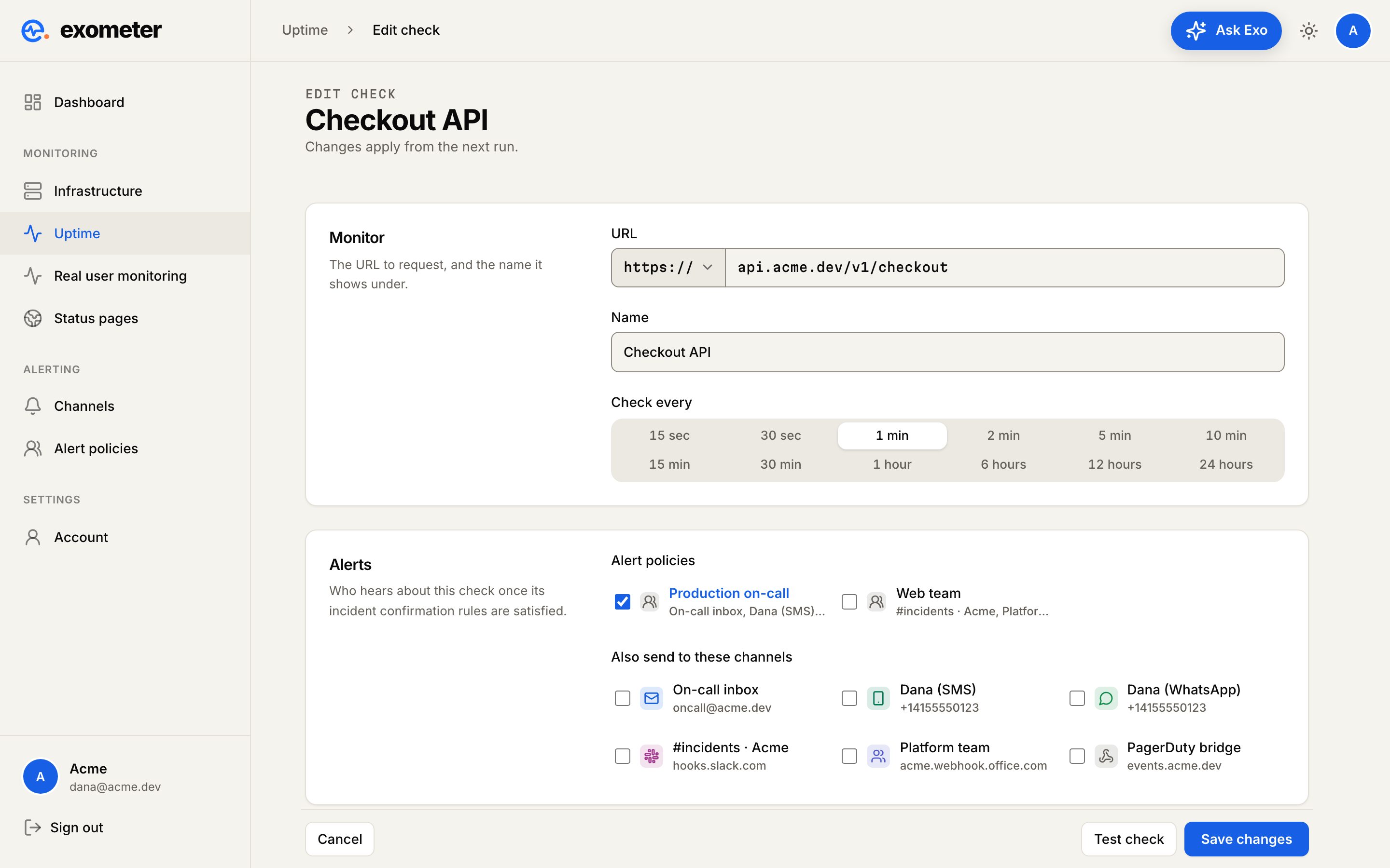Editing a check in Exometer: the URL and name, tags, a choice of check interval from 15 seconds to 24 hours, and test locations with country flags.